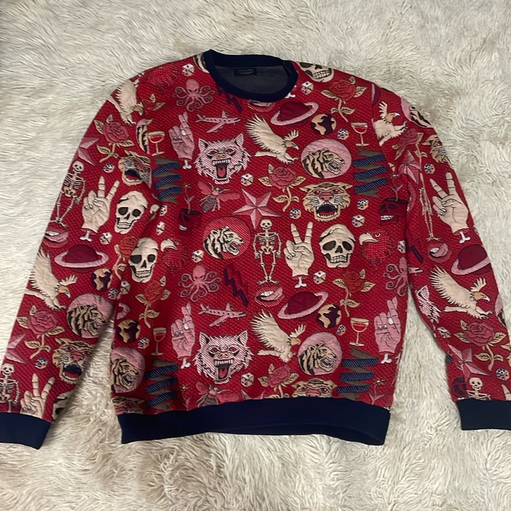ZARA Quilted Jacquard Sweatshirt XL men’s embroidered skull eagle wolf red